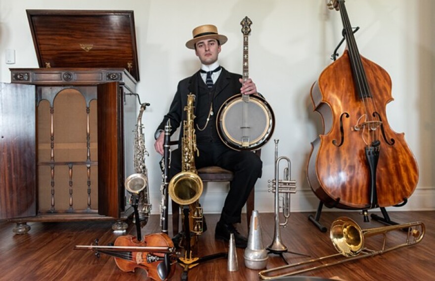 Eastman School of Music student Gavin Rice is an early-jazz practitioner and collector of more than 50 vintage instruments dating back more than a century.