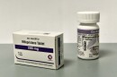A white box with purple accents that reads Mifepristone Tablet, 200 mg.