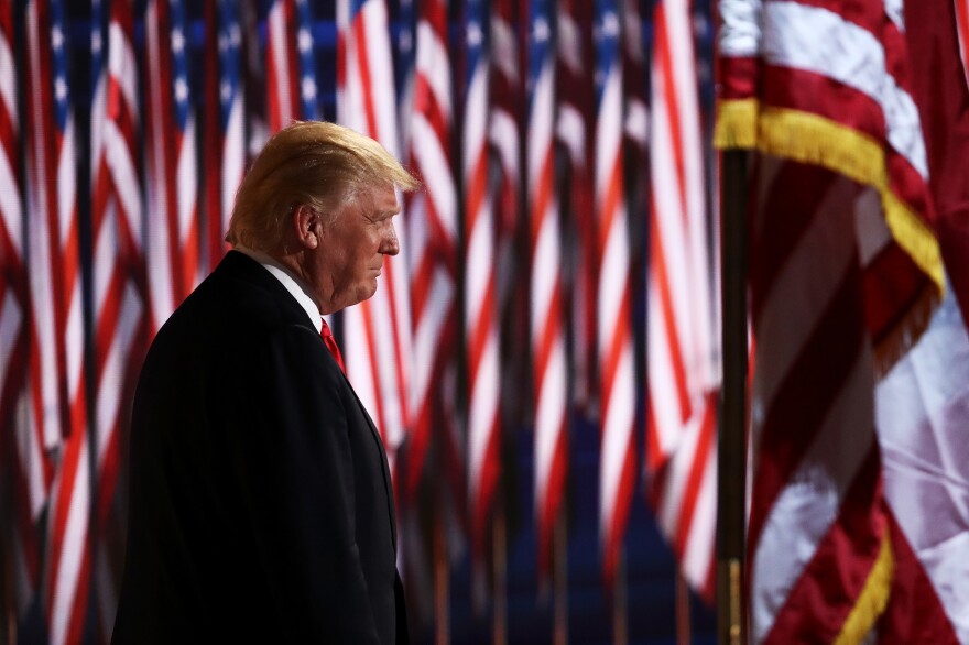 Republican presidential candidate Donald Trump takes the stage on the final evening of the Republican National Convention.