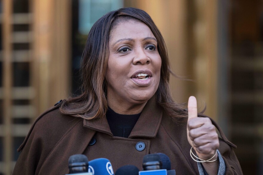 New York Attorney General Letitia James speaks during a news conference outside Manhattan federal court in this Feb. 14, 2025, file photo.