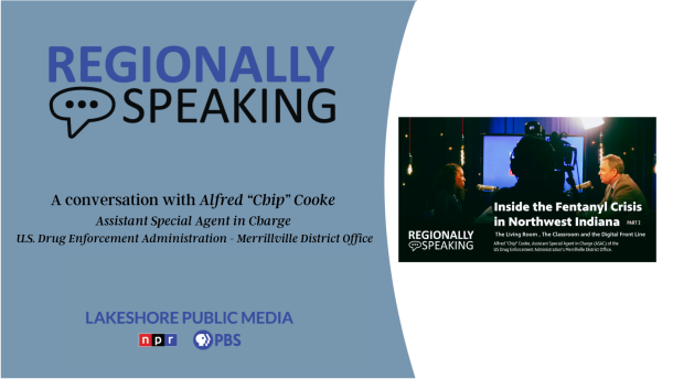 Pictured: Regionally Speaking host Dee Dotson speaks to Alfred "Chip" Cooke, Administration Assistant Special Agent In Charge U.S. Drug Enforcement of the Merrillville District Office.