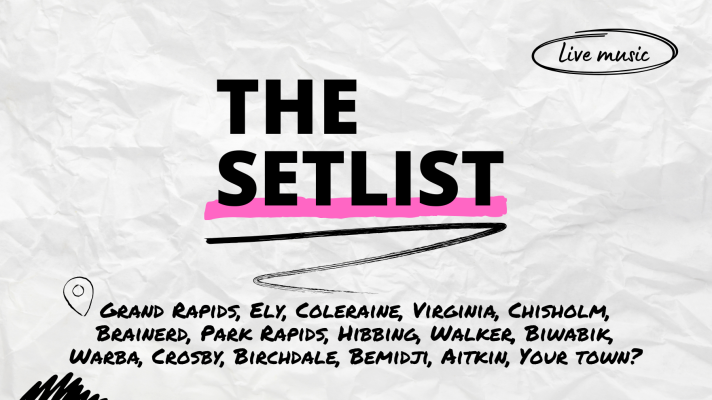 "The Setlist" and "Grand Rapids, Ely, Coleraine, Virginia, Chisholm, Brainerd, Park Rapids, Hibbing, Walker, Biwabik, Warba, Crosby, Birchdale, Bemidji, Aitkin, Your town?" written over a crumpled paper background. 