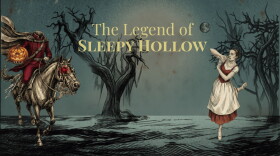 Banner for "The Legend of Sleepy Hollow"; a headless horseman and a female in a ballet pose in in a dark wooded background