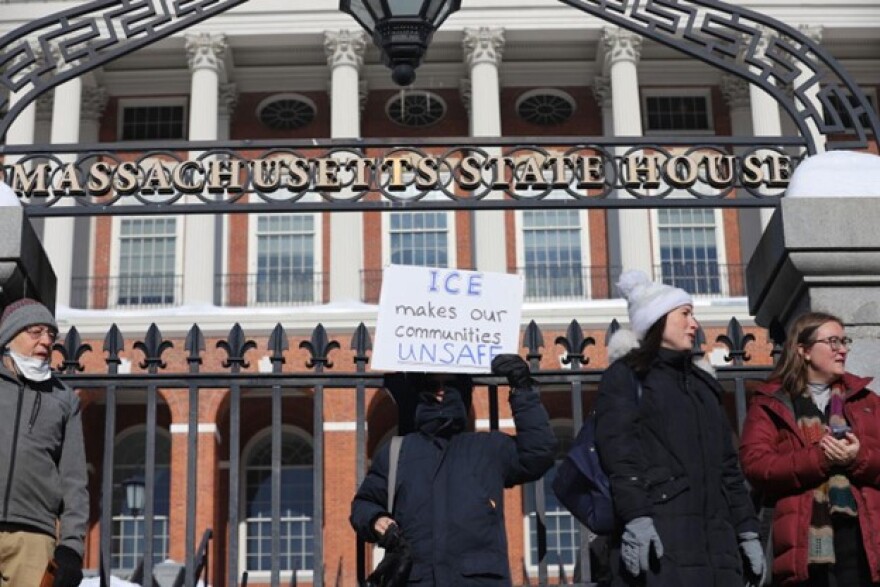 Protesters gather outside of the State House to protest against U.S. Immigration and Customs Enforcement on Jan. 29, 2026. 