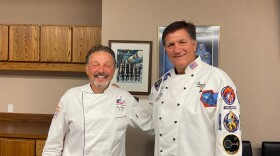 Chefs Joe Alfano (left) and Bill Farina (right) stand in the crew quarters kitchen at Kennedy Space Center. They cook every meal for the astronauts before a launch.