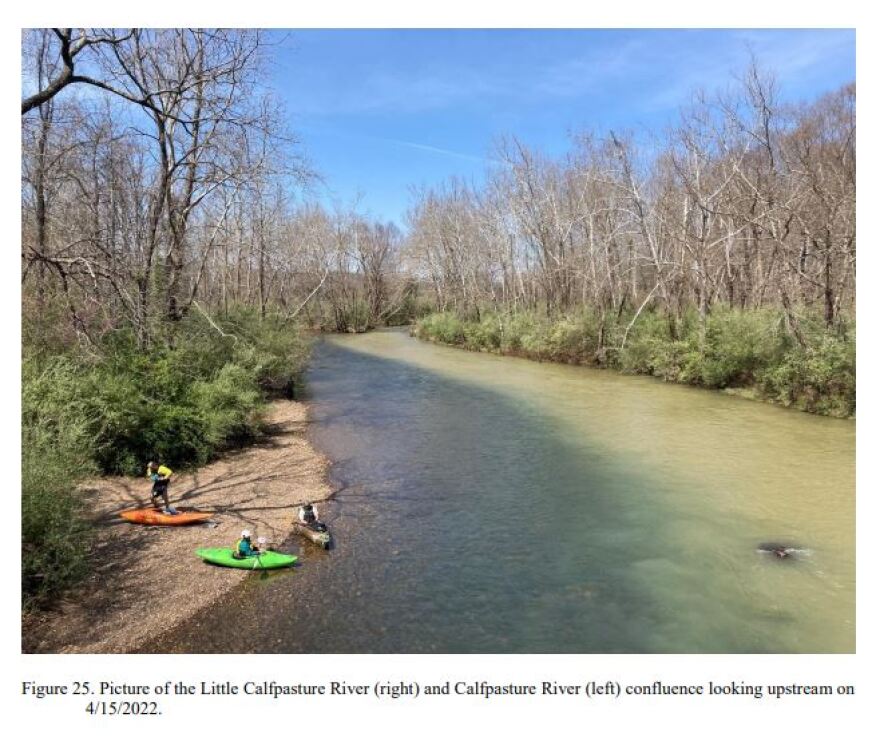 A photo from a turbidity study showing high levels of brown sediment coming into the Maury from the Little Calfpasture River in April 2022.