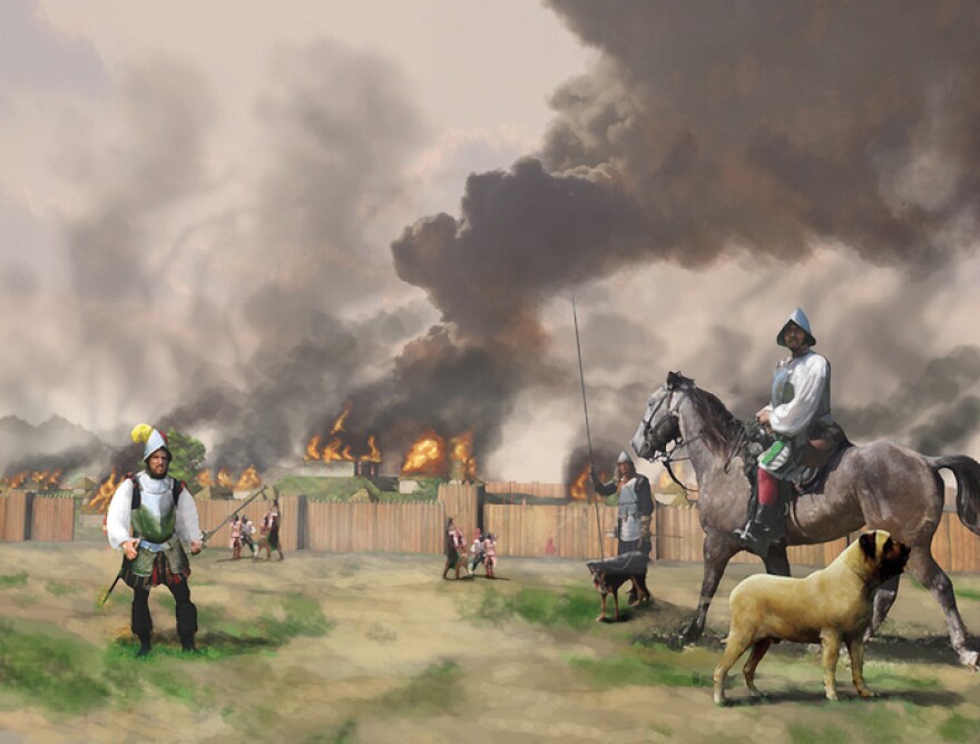 Hernando de Soto and his men burn Mabila, after a surprise attack by Chief Tuskaloosa and his people, 1540 CE.