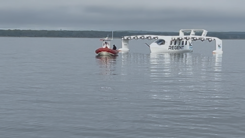 The Viceroy, a prototype electric seaglider, can carry 12 passengers 180 miles at a speed of 180 mph, according to manufacturer Regent Craft in North Kingstown, Rhode Island. Credit: David Wright/Ocean State Media