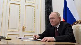 Russian President Vladimir Putin chairs a meeting with members of Russian paralympic teams ahead of Beijing 2022 Winter Paralympic Games via a teleconference call, in Moscow.