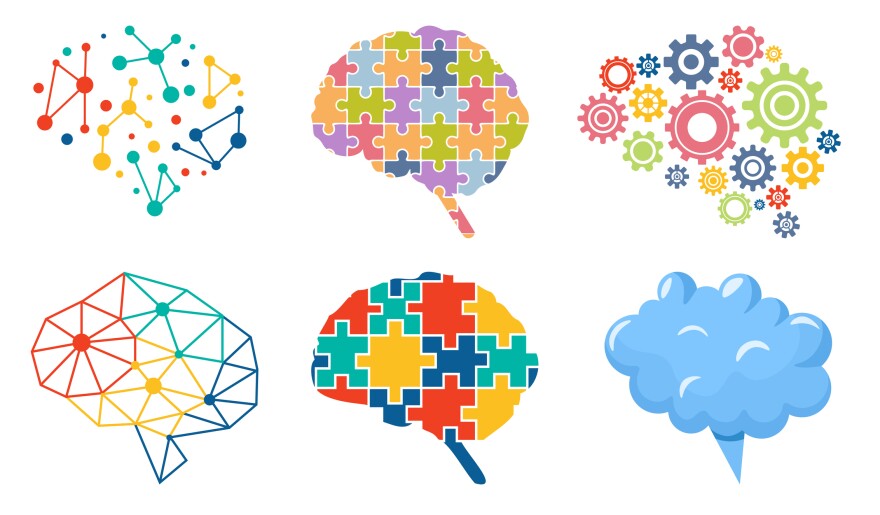 an illustration of human brains in different shapes, where the brain of each is shown to be a different systems and arrangements, from puzzle pieces to gears to, signifying neurodiversity