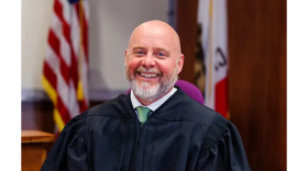 A bald man wearing black judges robes and a green tie, He is smiling at the camera with a blurry courtroom in the background