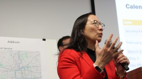 DART CEO Nadine Lee addresses the audience during a Feb. 11, 2026 community meeting on service changes in Irving.