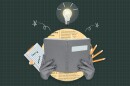 Illustration of hands holding a notebook and pencils