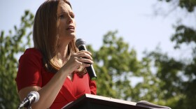 Democratic Associate Justice Allison Riggs speaks to protesters at a rally in Raleigh, N.C., on Monday, April 14, 2025. (AP Photo/Makiya Seminera)