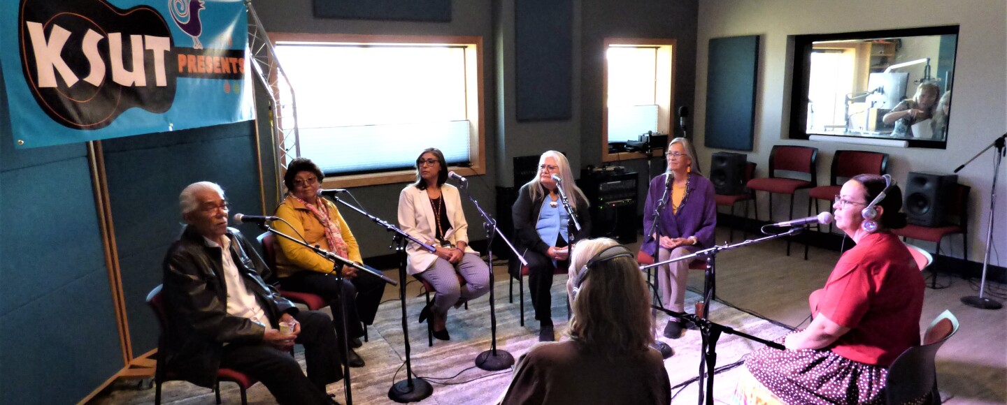 Special guests Eddie Box Jr., and Southern Ute Tribal Council Vice-Chair Ramona Eagle, Lorelei Cloud, Marge Barry, and Linda Baker, joined us for a group interview to talk about KSUT's history with station hosts Tami Graham and Sheila Nanaeto.