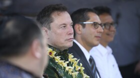 Elon Musk, second from left, attends the launch of Starlink satellite internet service at a public health center in Denpasar, Bali, Indonesia on Sunday, May 19, 2024. Elon Musk arrived in Indonesia's resort island of Bali to launch Starlink satellite internet service in the world's largest archipelago nation. (AP Photo/Firdia Lisnawati)