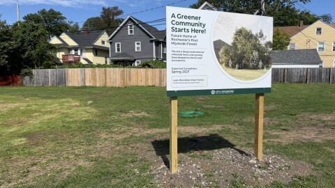 A sign at 354 Driving Park Ave., Rochester, informing passers-by of the city's plans to turn the lot into a forest.