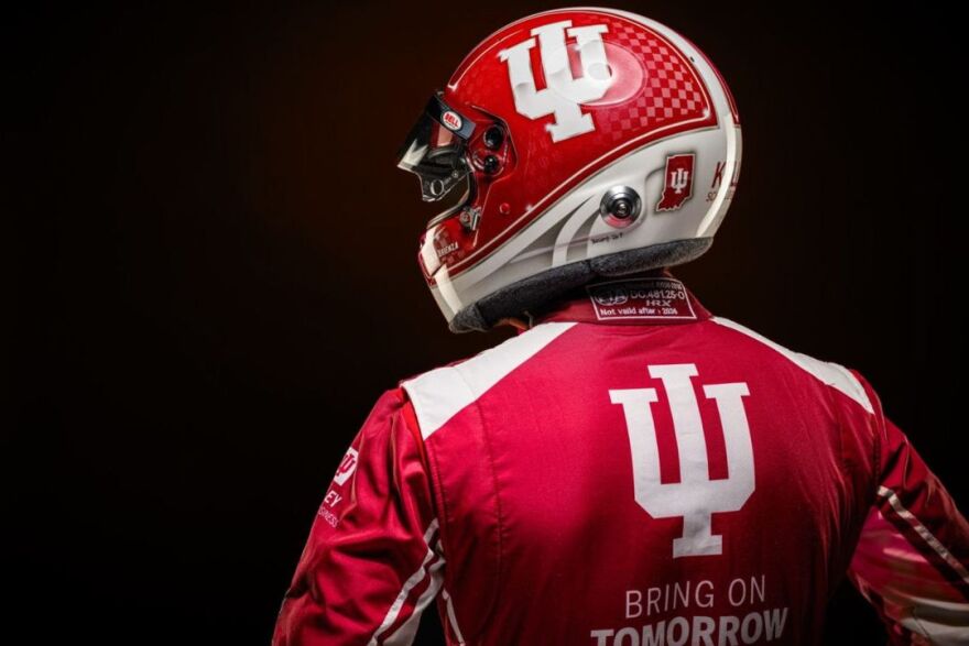IU rising senior and USF Pro 2000 Series race car driver Joey Brienza in his new helmet and racing suit adorned with IU colors and logos.