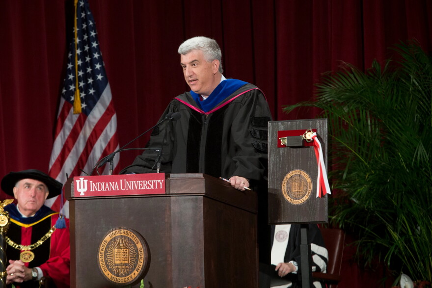 IU Media School Dean James Shanahan speaks at the formal dedication of Franklin Hall in 2016.