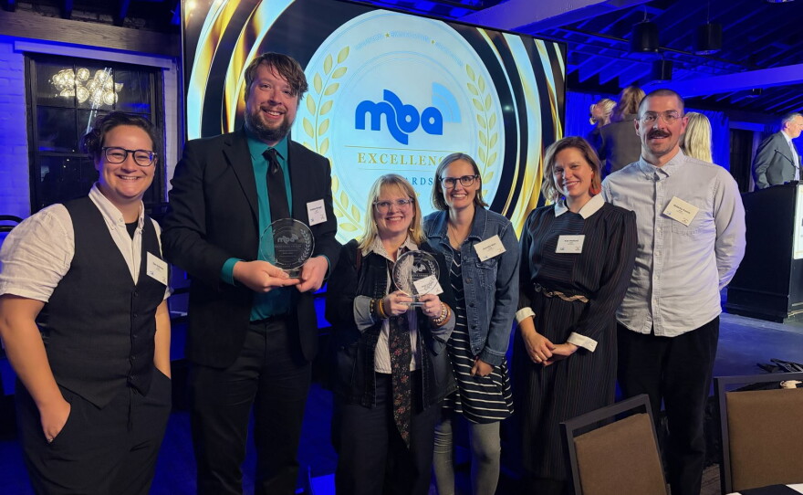 KAXE's Charlie Mitchell, Andrew Dziengel, Heidi Holtan, Jennifer Barr, Kari Hedlund and Malachy Koons at the Minnesota Broadcasters Association Excellence Awards, Oct. 7, 2026, in Hastings.