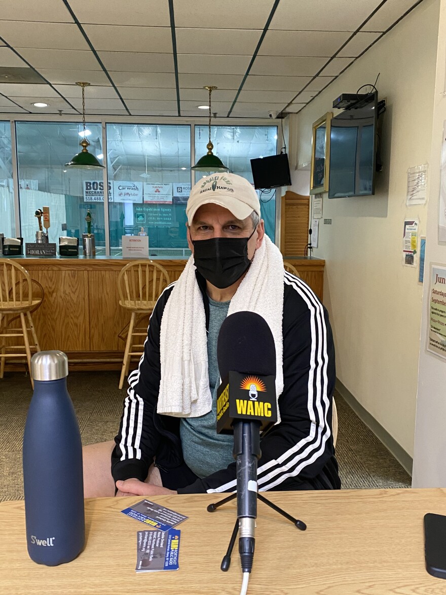 Veteran Dean Motta speaking with WAMC at Tri-City Fitness in Latham, NY. 