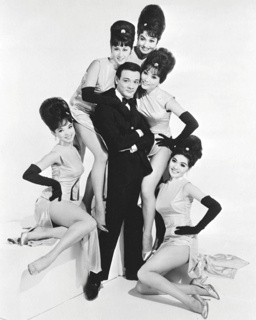 In this mid-1960s publicity photo, singer Jimmy "Jay" Borges poses with, from left to right, Joanna Pang, Arlene Wing, Kako Tani, Sisko Borges (Borges' then-wife) and Cynthia Fong.