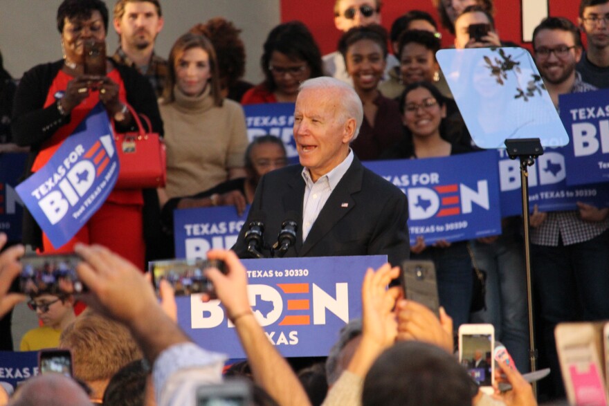 Former Vice President Joe Biden speaks to supporters who packed Juarez Plaza at La Villita in downtown San Antonio.