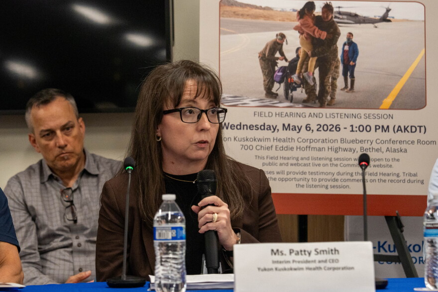 Then-interim Yukon-Kuskokwim Health Corporation CEO Patty Smith speaks at a hearing on federal disaster response held by the U.S. Senate Committee on Indian Affairs in Bethel on May 6, 2026.