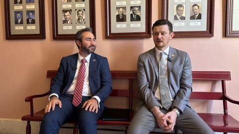 Rep. David Thomas (R-Jefferson, left) and Rep. Tristan Rader (D-Lakewood, right) during an interview in February 2026.