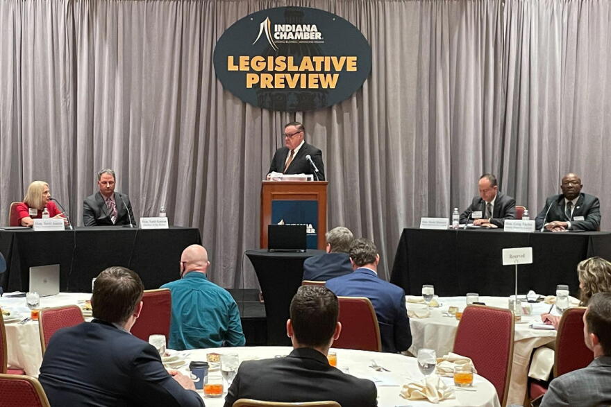 Legislative leaders discuss the upcoming 2022 session on a panel organized by the Indiana Chamber of Commerce. (Alan Mbathi/IPB News)
