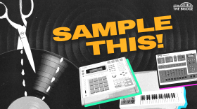 graphic with yellow text reading SAMPLE THIS! and scissors cutting a piece of a vinyl record, as well as a keyboard and a mixing table