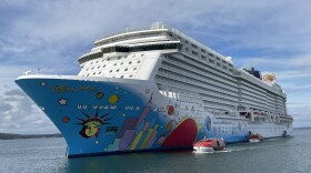 The Norwegian Breakaway cruise ship anchored in Frenchman Bay off Bar Harbor.