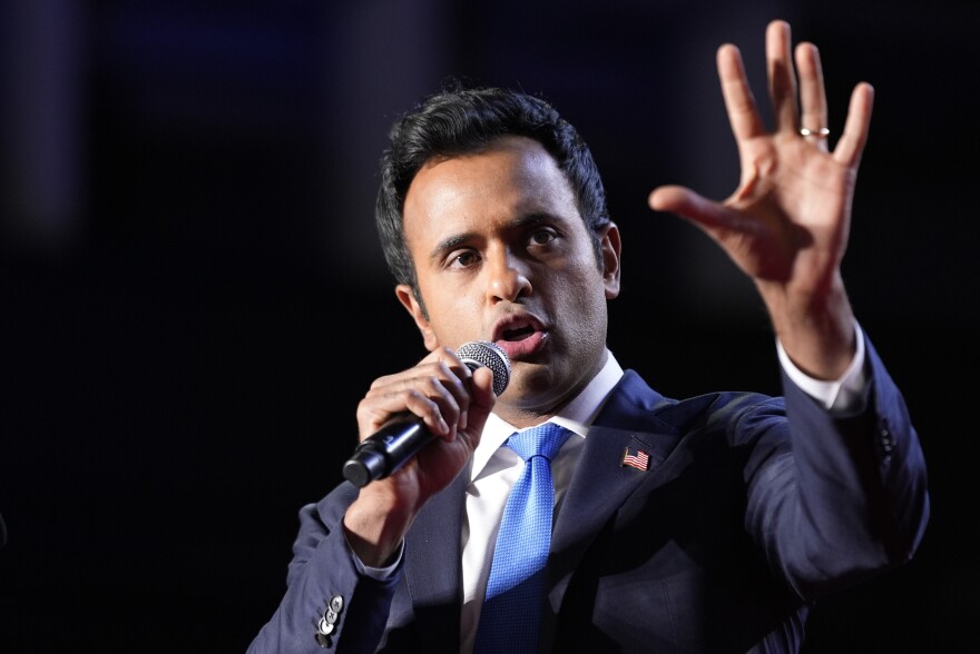 Vivek Ramaswamy speaks before Republican presidential nominee former President Donald Trump at a campaign rally at Mullett Arena, Thursday, Oct. 24, 2024, in Tempe, Ariz.