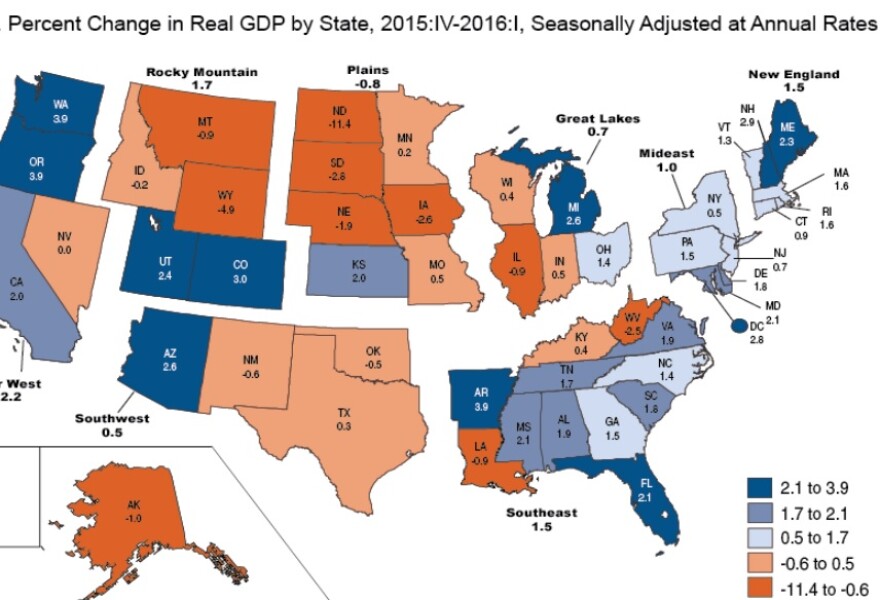 A breakdown of GDP growth rates by state and region.