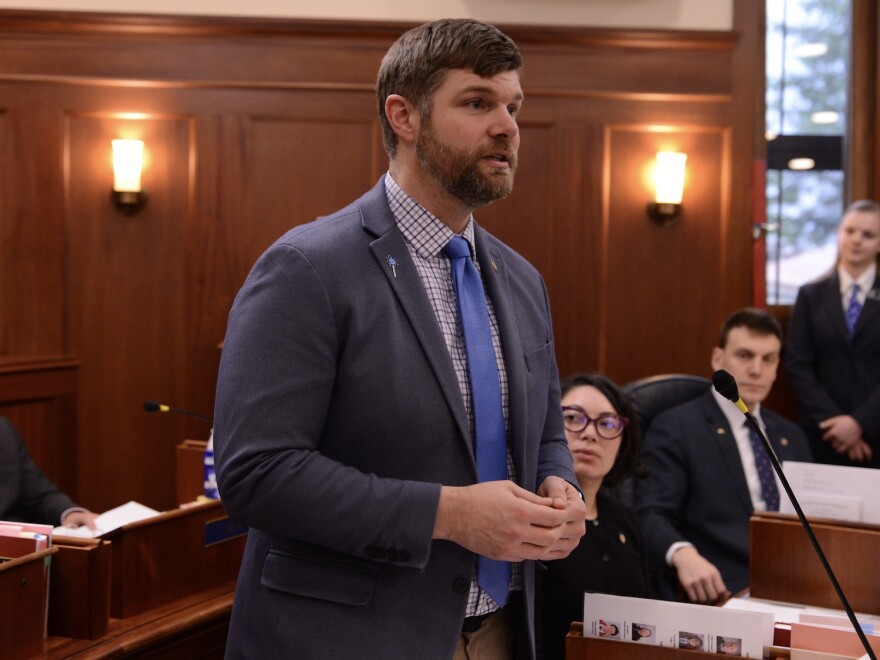 Sen. Jesse Bjorkman, R-Nikiski, speaks Wednesday, April 23, 2025, on the floor of the Alaska Senate.