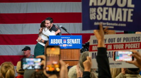 Democratic U.S. Senate candidate Abdul El-Sayed embraces New York Rep. Alexandria Ocasio Cortez at a rally in Escanaba on Thursday, October 16, 2026.