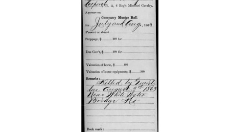 Notice of death of Corporal William A. Wright at Round Pond. William A. Wright, Co. A, 6th Missouri Cavalry, Compiled Military Service Record, National Archives and Records Administration, Washington