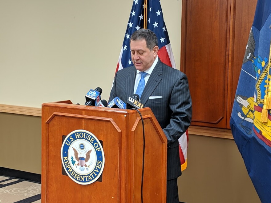 Congressman Morelle addressing flooding concerns from the Federal Building downtown