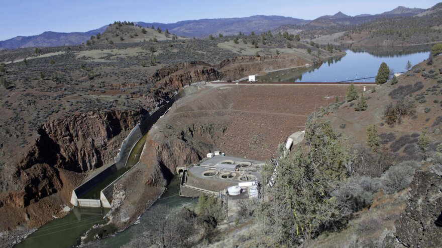 The Iron Gate Dam, powerhouse and spillway is seen in 2020 on the lower Klamath River near Hornbrook, Calif.