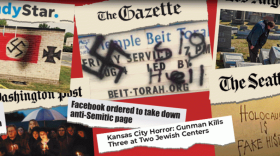 Headlines scattered across a red background depicting antisemitic news