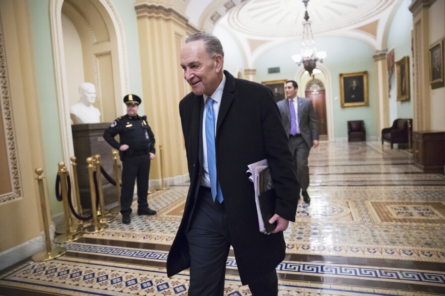 Senate Minority Leader Chuck Schumer, D-N.Y., arrives at the Capitol on Monday, the third day of the government shutdown. With support for a 17-day funding measure, the government is on track to reopen.