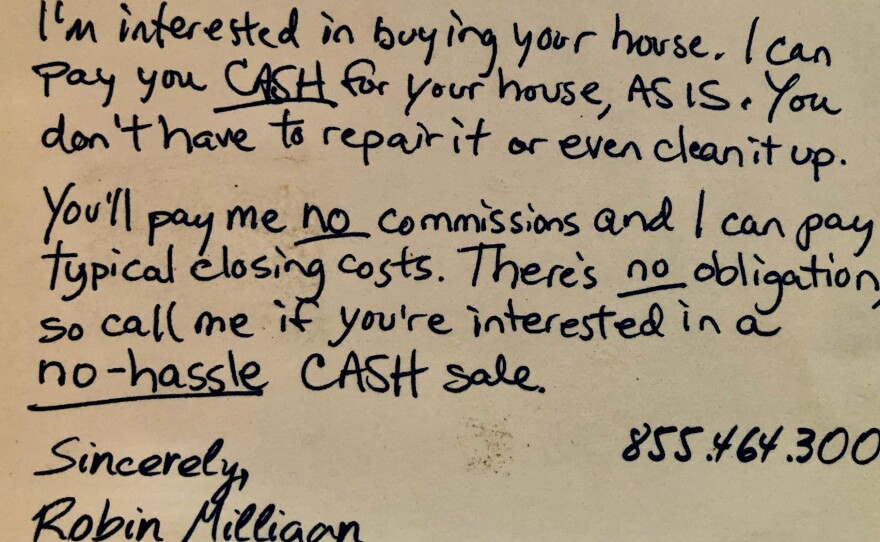 Post card solicitation in the mail to reporter to sell her home for cash.