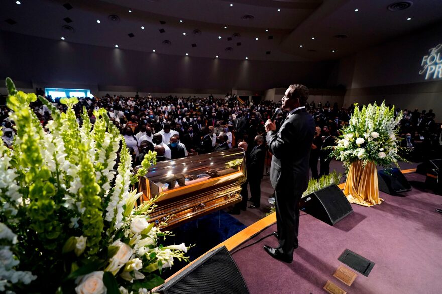 The Rev. Remus Wright speaks during Tuesday's funeral service for George Floyd at The Fountain of Praise church in Houston.