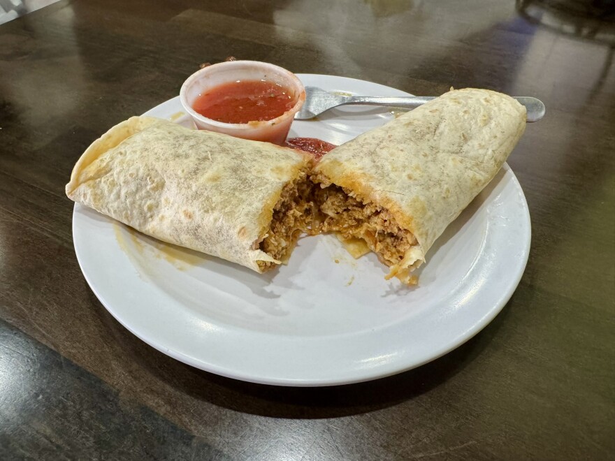 The Huevos con Chorizo breakfast burrito at Tarahumaras Mexican Restaurant #2 in Kansas City, Kansas.