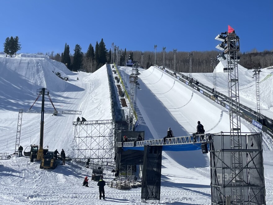 Crews set up for the 2023 Winter X Games at the base of the superpipe course at Buttermilk Mountain in Aspen on Jan. 23. 