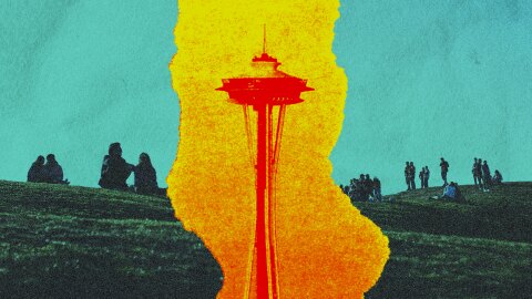 A colorful photo illustration of the Space Needle and silhouetted  people sitting on grassy hills surrounding it. 