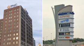 A split image shows the exterior of the PNC Bank Building in downtown Peoria on the left and a sign for Northwoods Mall on the right. 