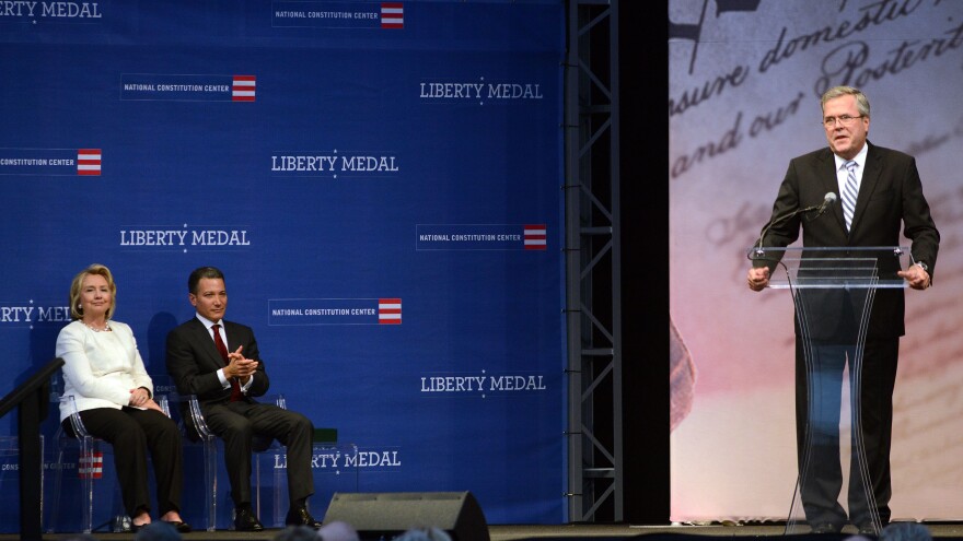 Former Secretary of State Hillary Clinton receives the Liberty Medal in 2013 from the National Constitution Center. Former Florida Gov. Jeb Bush was the group's honorary chairman. Both are now likely presidential candidates for their respective party's nomination.