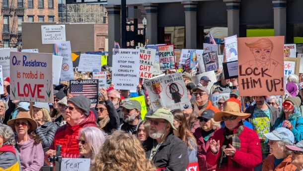 Attendees at a March 28, 2026 No Kings rally in Cincinnati.