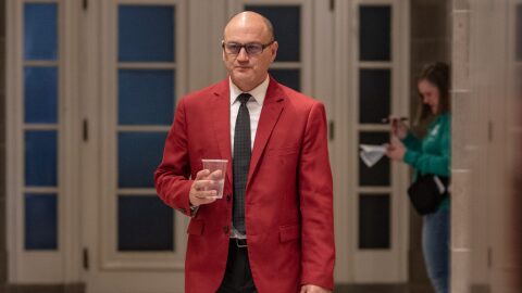 Missouri Secretary of State Denny Hoskins walks into a Missouri Right to Life rally in March 2025.